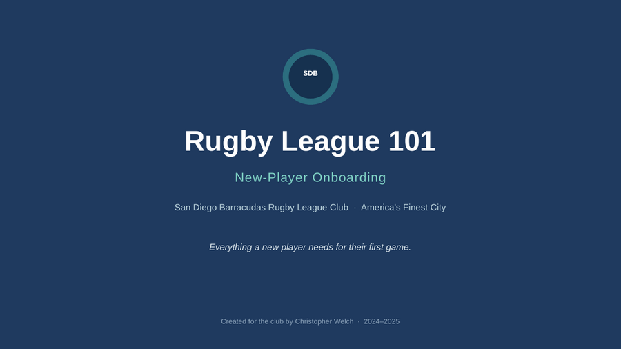 Title slide: Rugby League 101, New-Player Onboarding, San Diego Barracudas Rugby League Club, created for the club by Christopher Welch