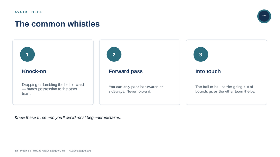Content slide: the common whistles, three cards covering knock-on, forward pass, and into touch